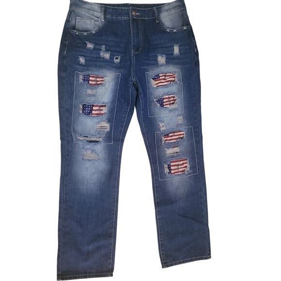 American Flag Distressed Boyfriend Jeans Women Sz 16 - Picture 2 of 5